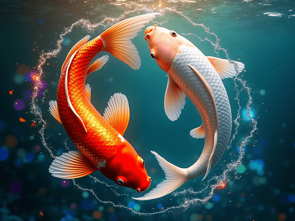 AI generated: Two vibrant koi fish swirling dynamically in a perfect yin-yang formation, their bodies twisting and...