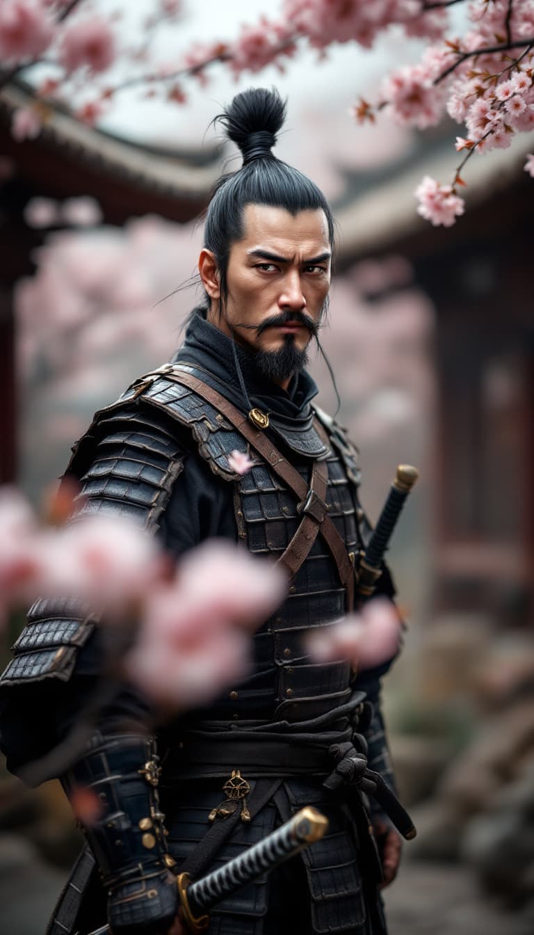 AI generated: Male samurai warrior (ethnicity:1.0, age:0.8), (detailed clothing:1.4), (detailed accessories:1.3), ...