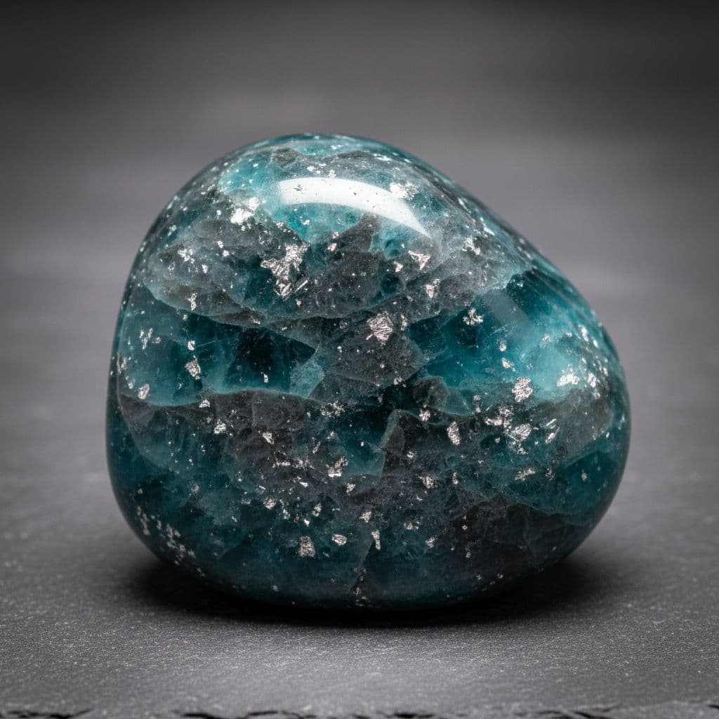 AI generated: Smoothed opaque Teal crystal mixed with grey crystal and silver flakes sparsely running throughout i...