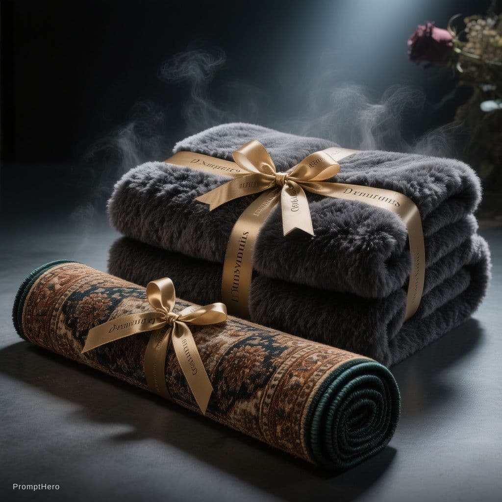 AI generated: A high-end, dark and moody commercial photography. In the center, a plush, freshly cleaned blanket i...