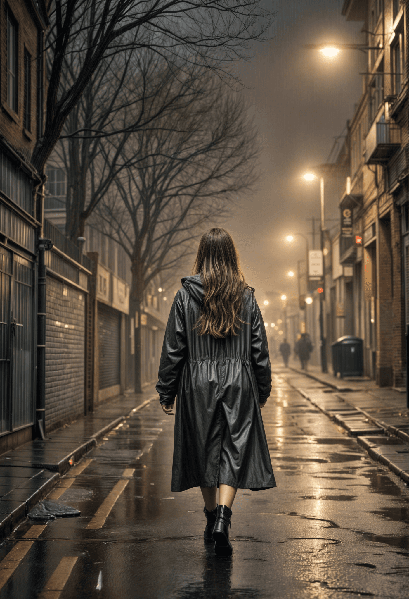 AI generated: A backview of a woman walking alone down a wet pavement on a grim, gloomy day. Her long, straight ha...