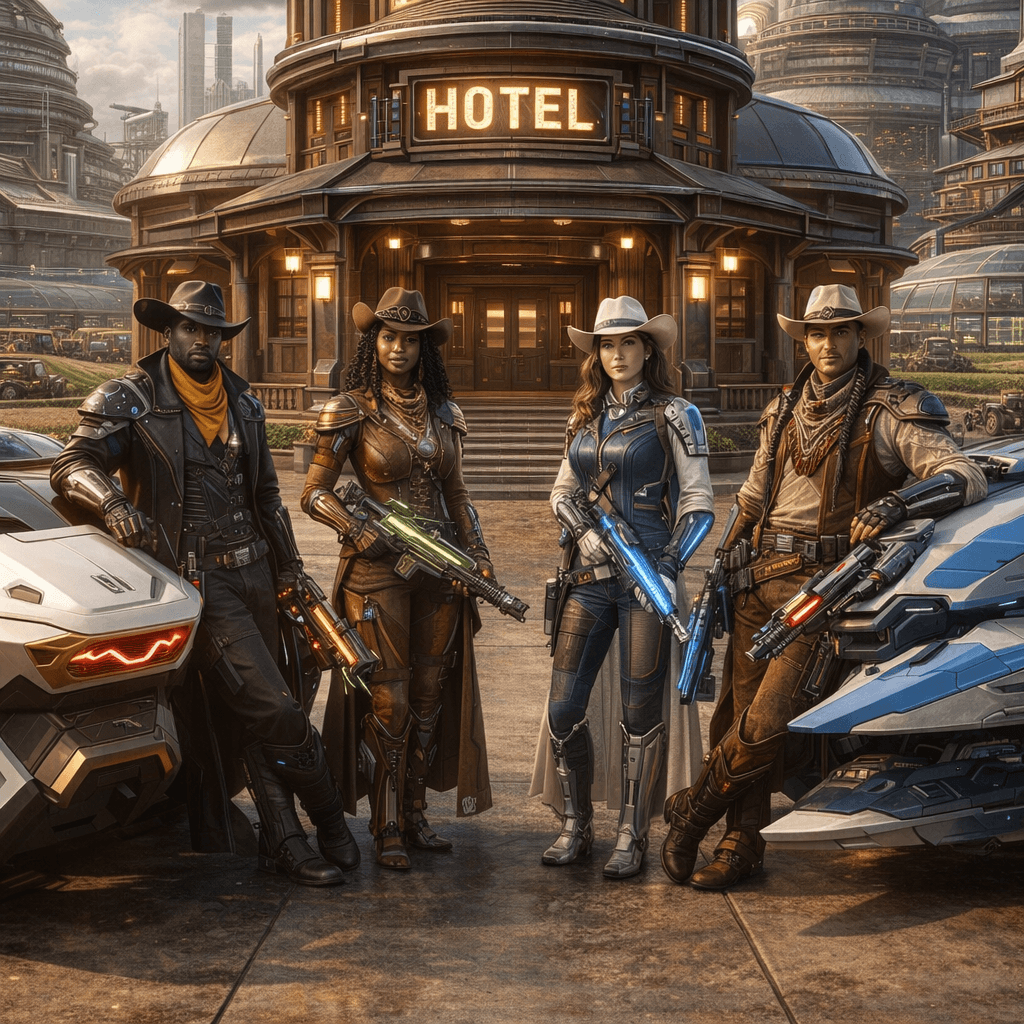 AI generated: Create an image of four futuristic, but different-looking, Human Cowboys and Cowgirls, Black Cowboys...