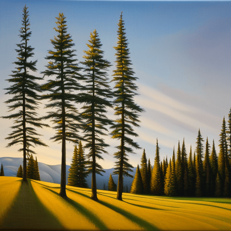AI generated: photorealistic oil on canvas of some trees, some snow on a tiny hill, shutterstock, Canadian scene p...