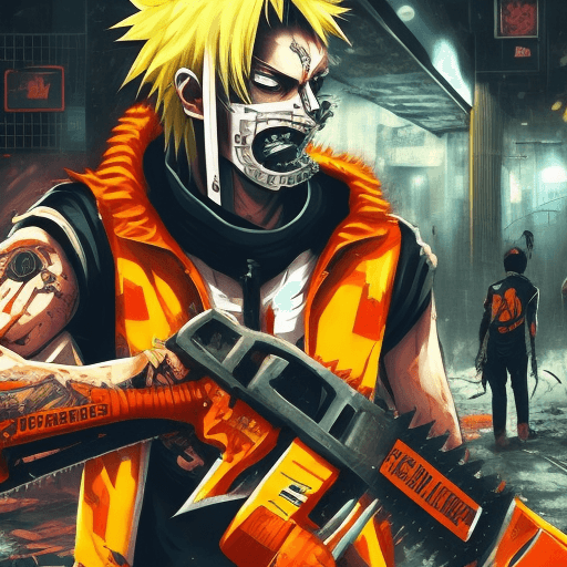 AI generated: Chainsaw Man anime wallpaper, Chainsaw Man wallpaper, in the style of cyberpunk dystopia, light yell...
