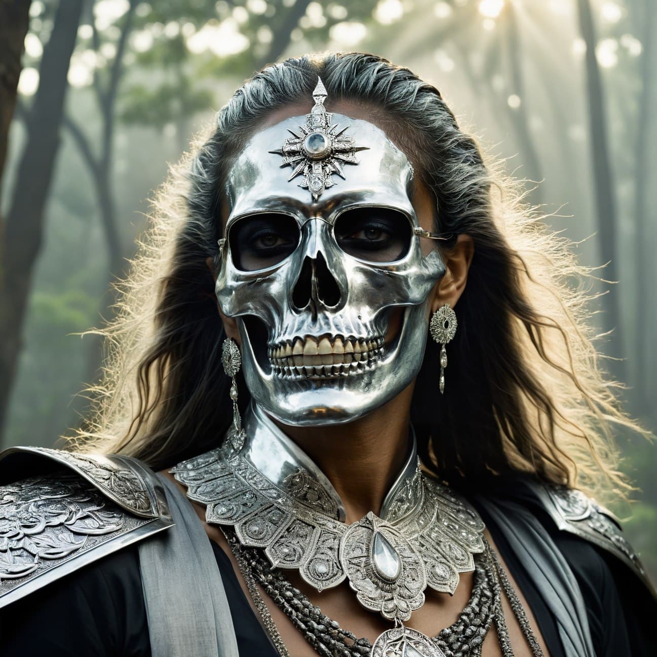 AI generated: rider of the apocalypse - Death, in style of silver and transparent, detailed face, lush environment...