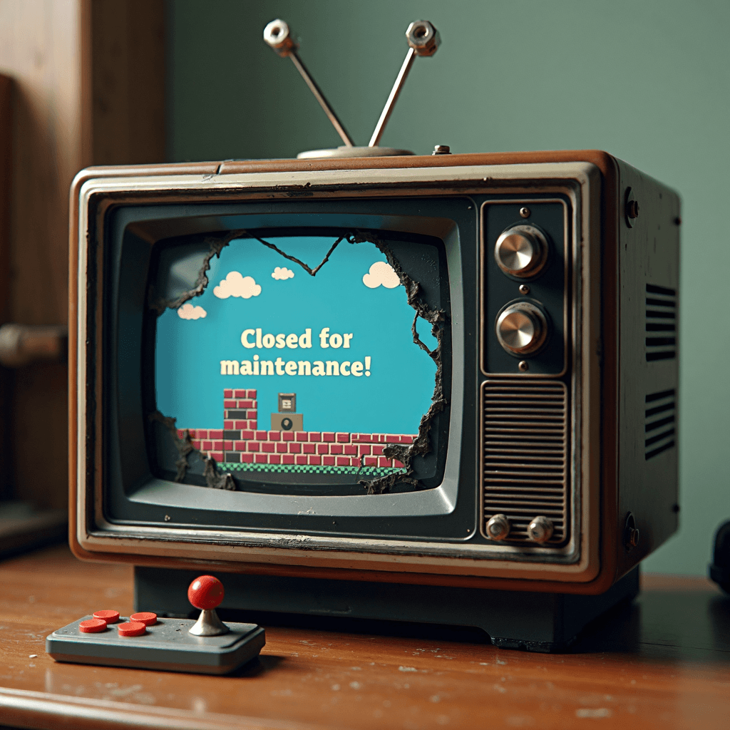 AI generated: old styled tv box with 8bit arcade game on a screen and game joystick sticking out of the cracked br...