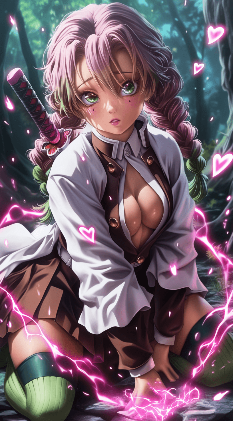 AI generated: a phone wallpaper of mitsuri from demon slayer surrounded by hearts, the background is forest, anime...