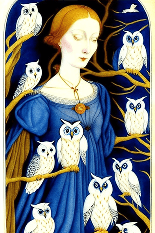 AI generated: images of woman with her owls, in the style of ethereal beauty, porcelain, dark white and light azur...