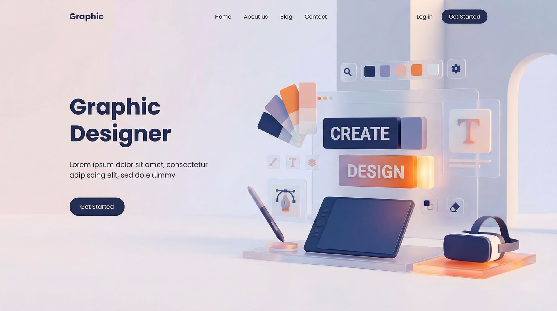 AI generated: 3D graphic designer landing page hero, creative workspace in 3D, floating color palettes, typography...
