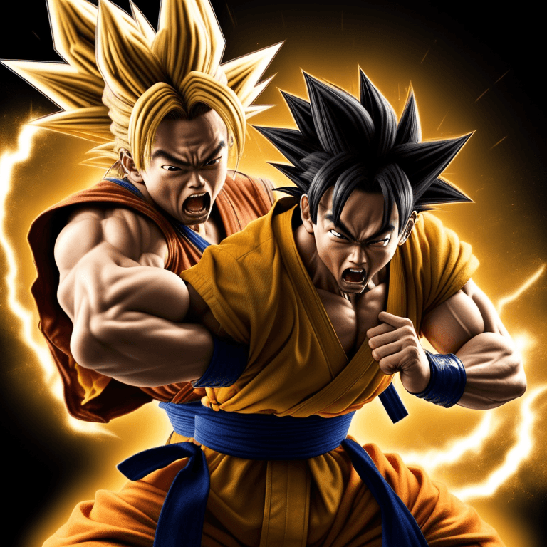 AI generated: an ultra detailed hyper realistic photograph of golden samurai man in a fight with goku