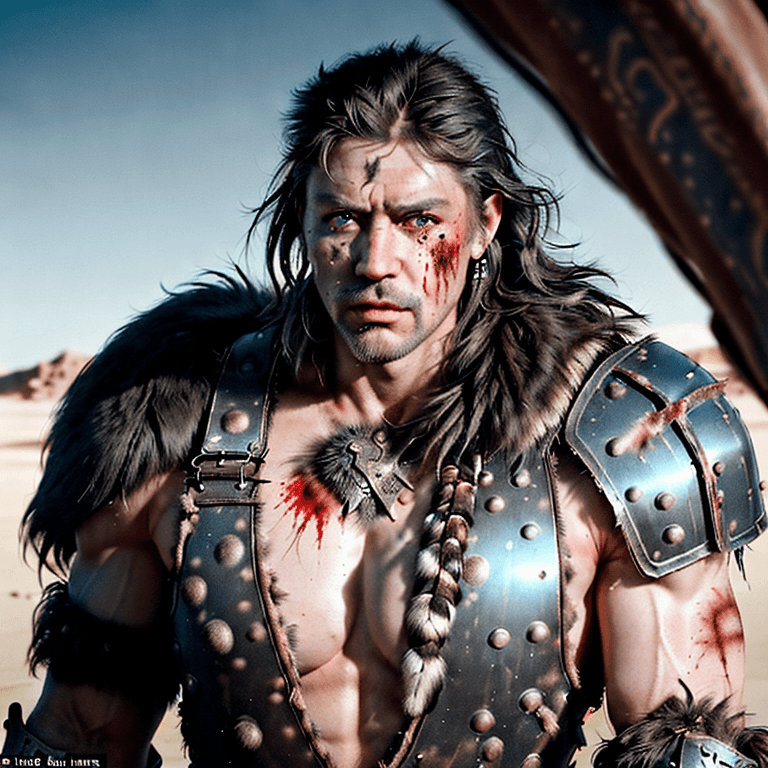 AI generated: portrait of an insanely detailed rugged ethereal muscular mad max warrior, war pose, armor, fur pelt...