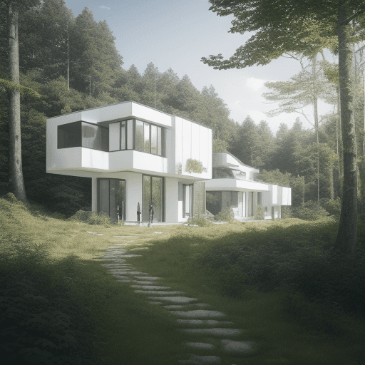 AI generated: Architecture illustration of white designer houses in hill in forest with lots of vegetation, bushes...