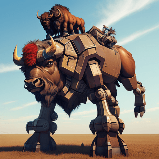 AI generated: Mechanical bison with strong legs on the plain