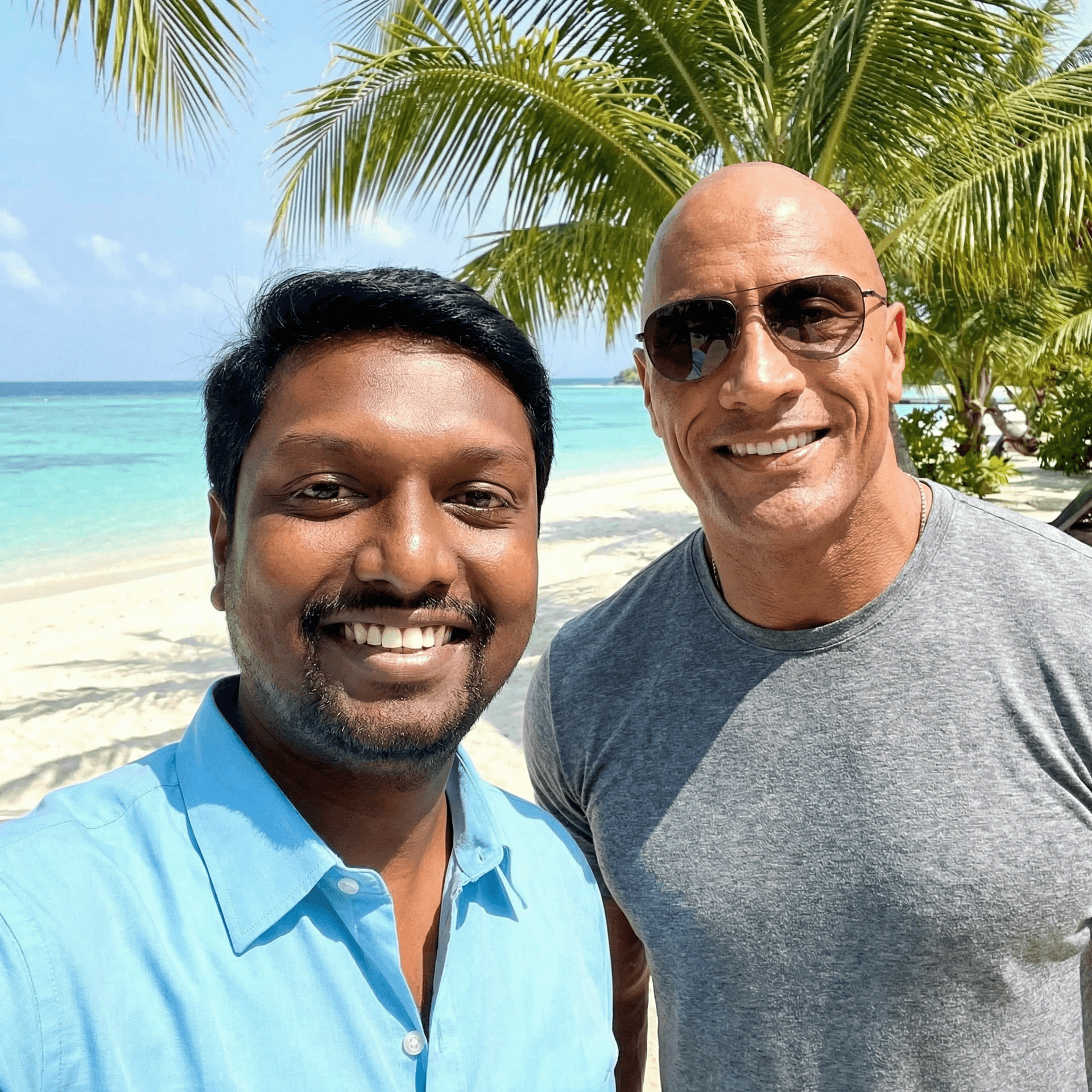 AI generated: with Dwayne Johnson at a tropical beach, sunny day, both smiling