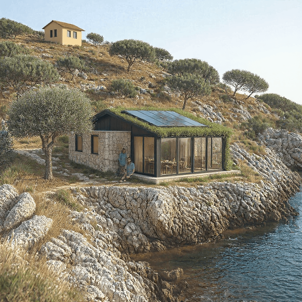 AI generated: It's summer time. The plan of the same house .Energy autonomous. Shading divices
