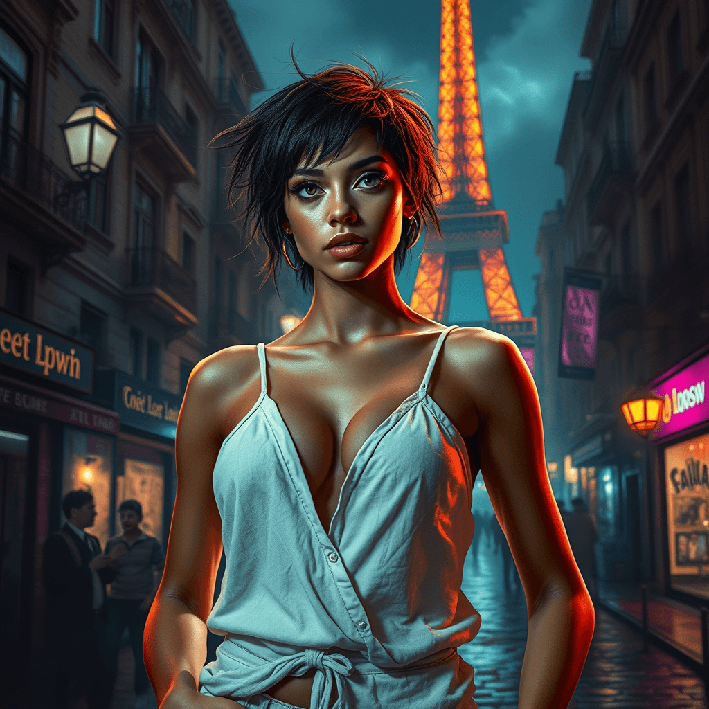 AI generated: Image of an european woman with an beautiful face, almond-shaped eyes, and bronze skin, standing con...