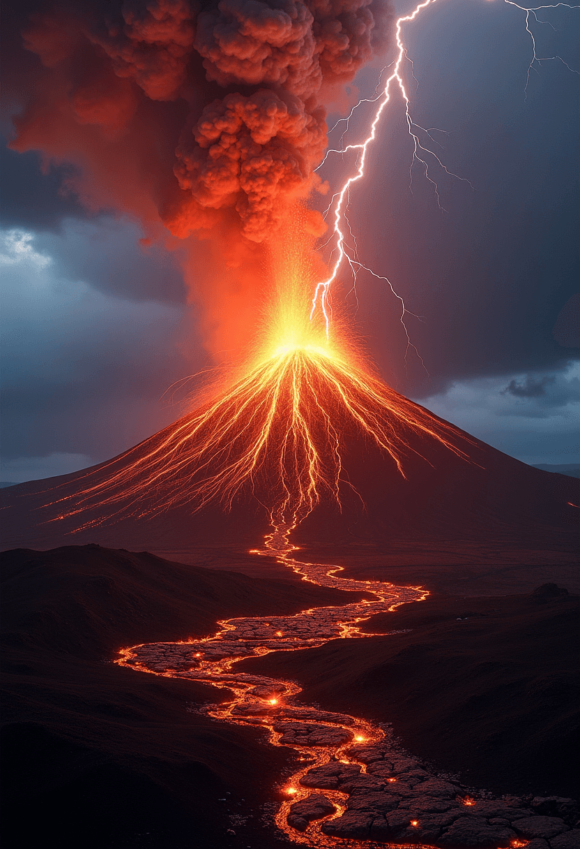 AI generated: a volcano in eruption is hit by a majestic lightning, dark scene with loads of flowing and splashes ...