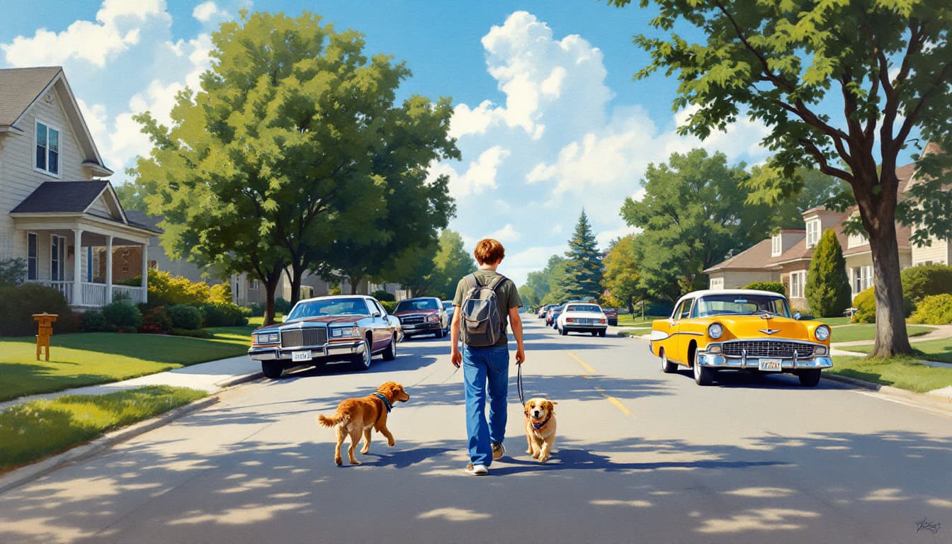 AI generated: In the style of Norman Rockwell, painting of a 15yo teen ager walking his dog in the street in an Am...
