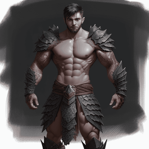 AI generated: A dark short hair man, draconic armour, scruffy, scales, shirtless, full body,  flexing arms