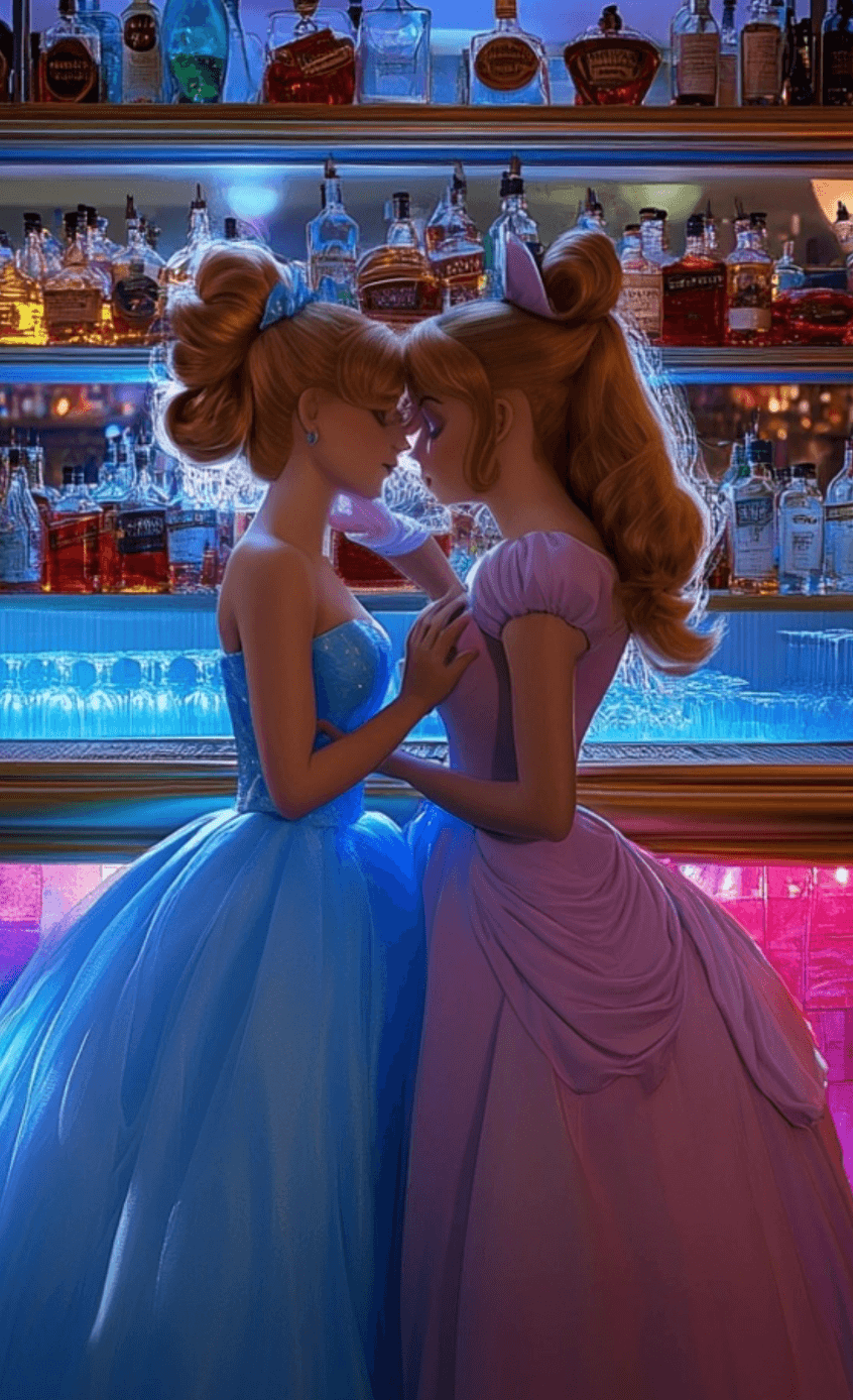 AI generated: An image of Princess Peach leaning in to Disney Cinderella in a bar. The bar is decorated like the B...