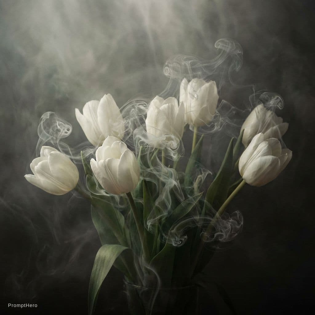 AI generated: white tulip bouquet opening, liquid smoke fractals, elegant botany, dynamic movement, raphael, carav...