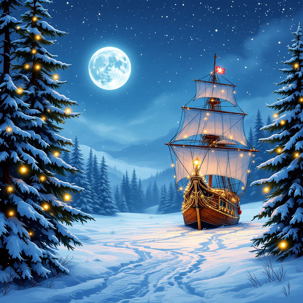 AI generated: Photo of a ultra realistic sailing ship, dramatic light, pStylish Christmas card with snow-covered s...