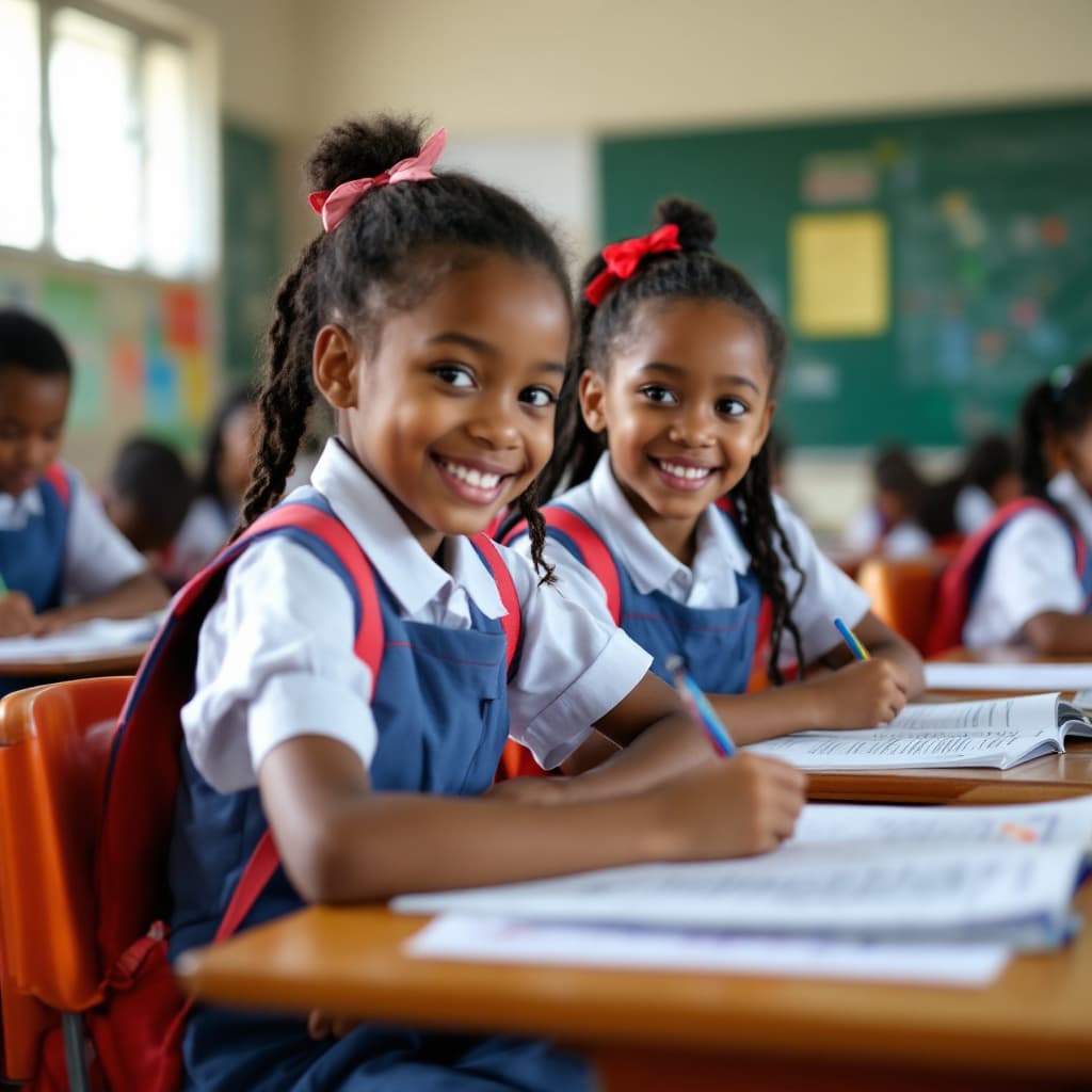 AI generated: boy and girl going to school in bright color uniform studying in class one
