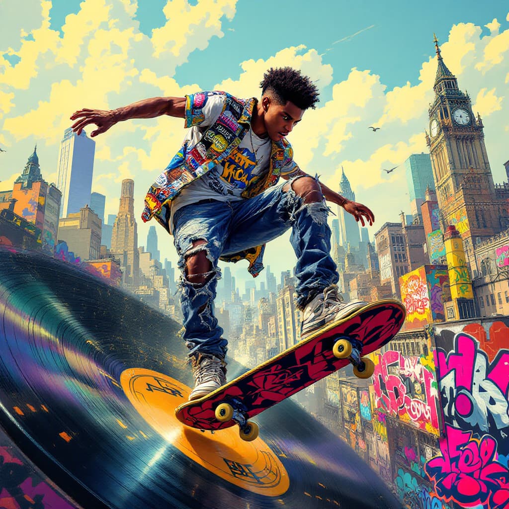 AI generated: 10. A dynamic, full-body action shot of a american black boy short hair skateboarding on a giant, fl...