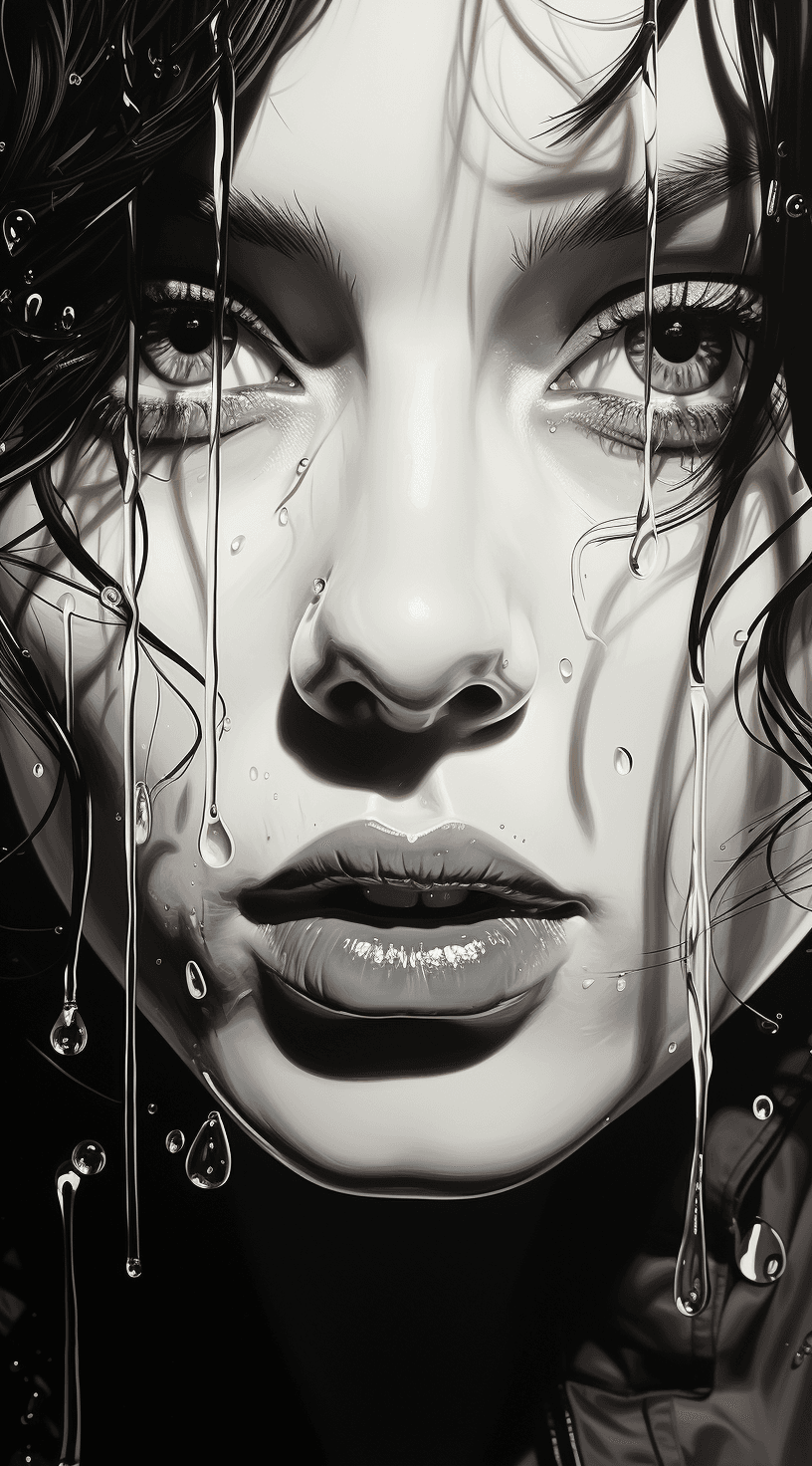 AI generated: a black and white drawing of a woman's face, in the style of water drops, daz3d, blink-and-you-miss-...