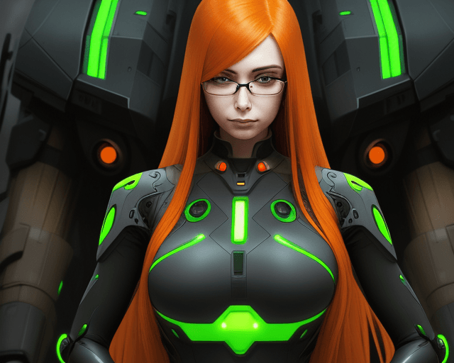 AI generated: Orange long hair, black and green jumpsuit, woman, futuristic tech, glasses, smug, hypnotic, mech su...