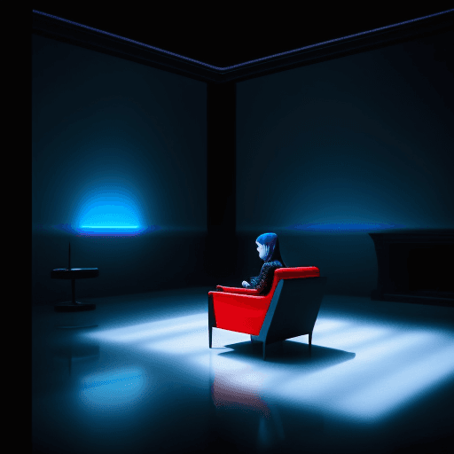 AI generated: Photograph a woman  alone, in a luxurious and eerie living room with dim lighting, where blue and re...