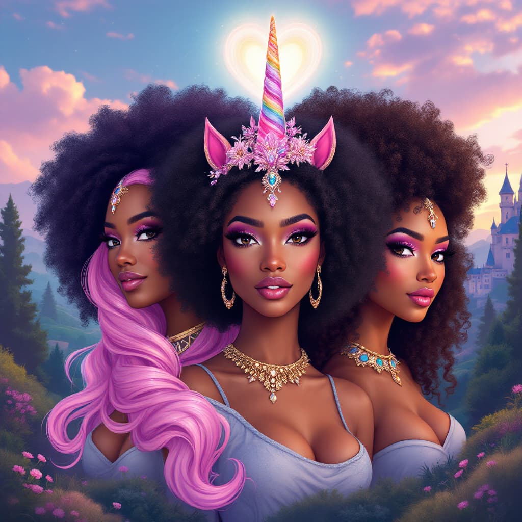 AI generated: Illustrate 3 different women on one image They are The Unicorn Guardians (Luna, Spark, and Blaze) in...