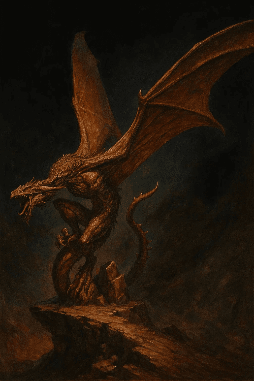 AI generated: A towering, sinewy dragon rears atop a jagged cliff edge, its rust-red wings unfurled in fury. Lit f...