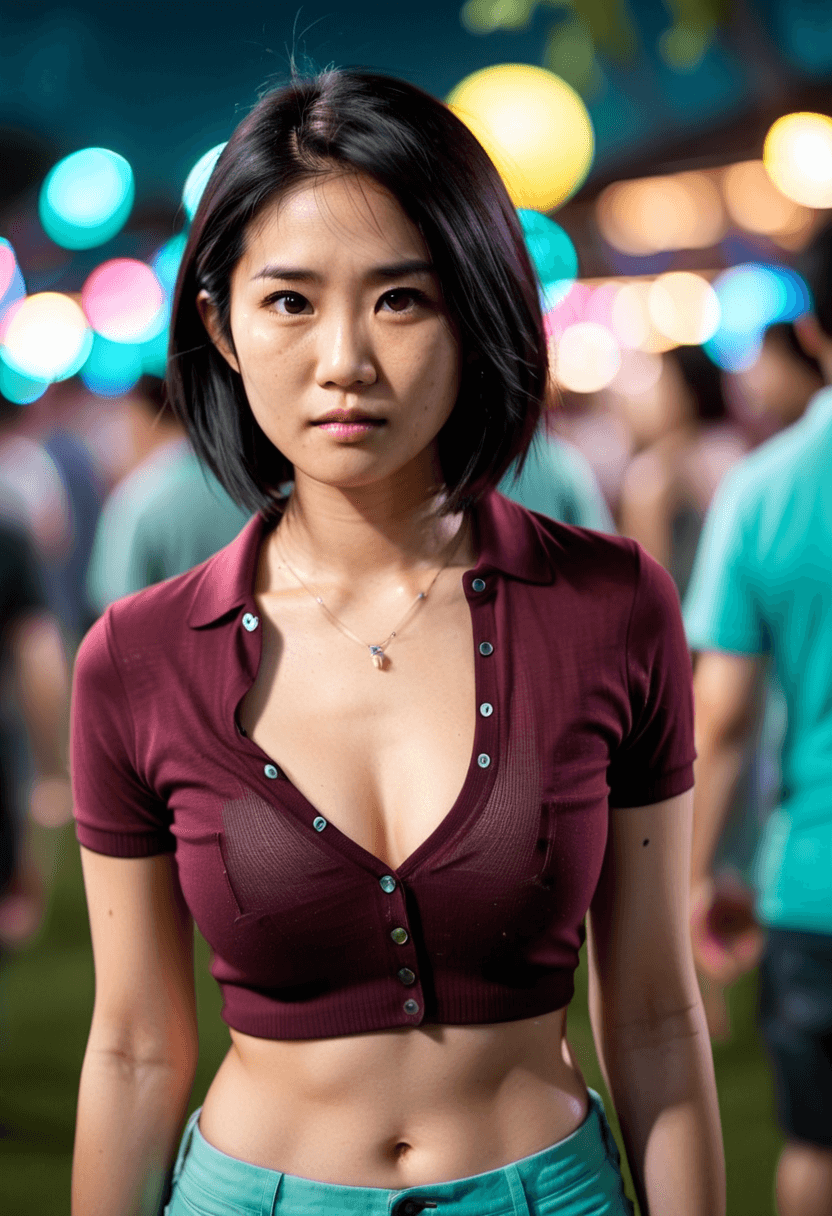 AI generated: photograph of a 28 year old Asian woman wearing a tight short unbuttoned collared polo shirt showing...