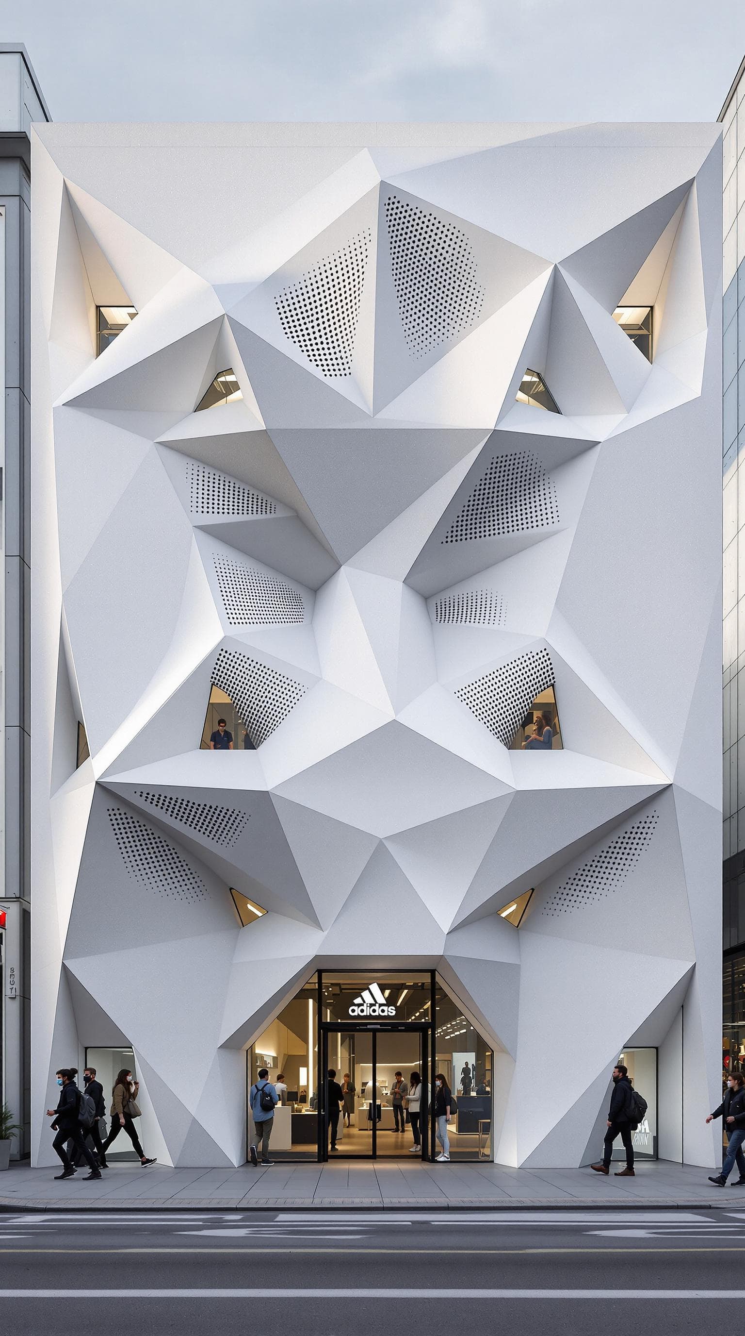 AI generated: symmetrically mirrored, An adidas store facade made of parametric architectural design, Architectura...