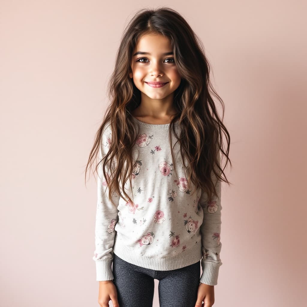 AI generated: Brunette 7 years old girl in Leggings standing 