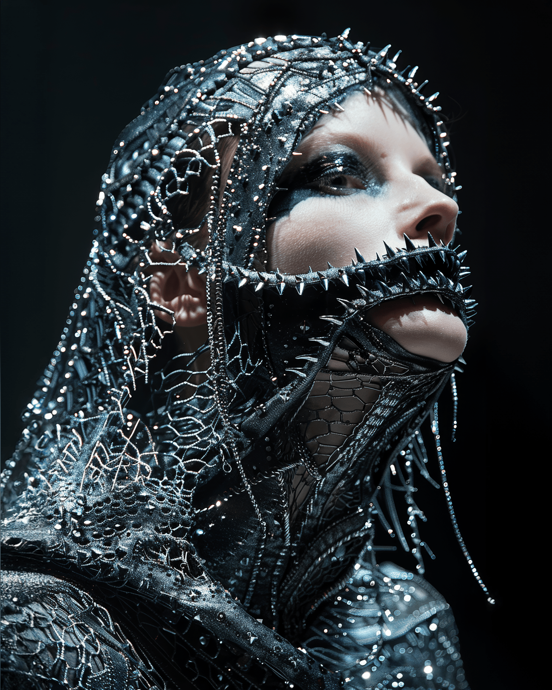 AI generated: A model wears an all silver outfit made of chainmail, featuring metallic sheen and edgy shapes. She ...