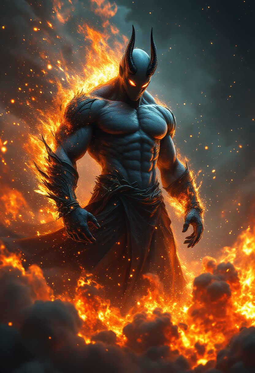 AI generated: God of Combustion and Implosions full-body, Etherial, muscular, Glowing white and orange eyes, epic,...