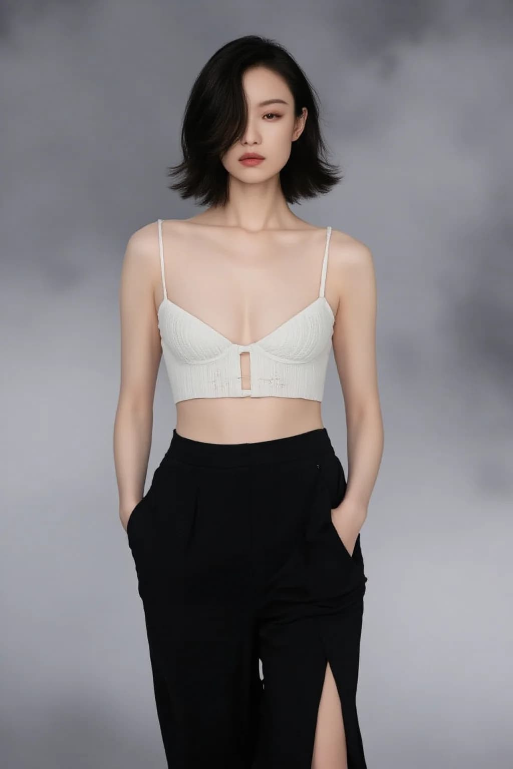 AI generated: A woman stands confidently against a neutral, gradient gray background, her posture relaxed yet pois...