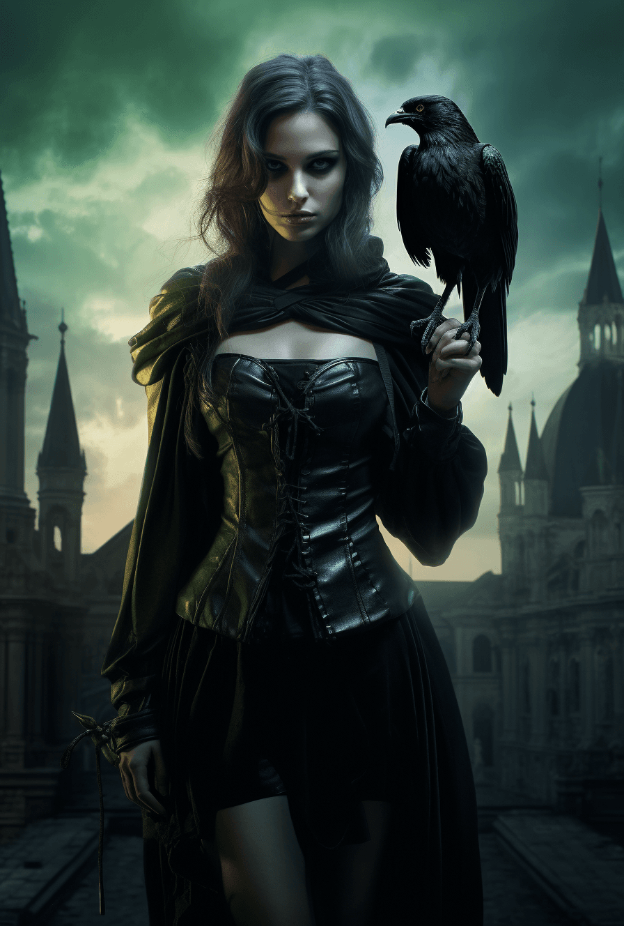 AI generated: A horror fantasy of a young lady standing in front of a city with a raven, in the style of dark bron...