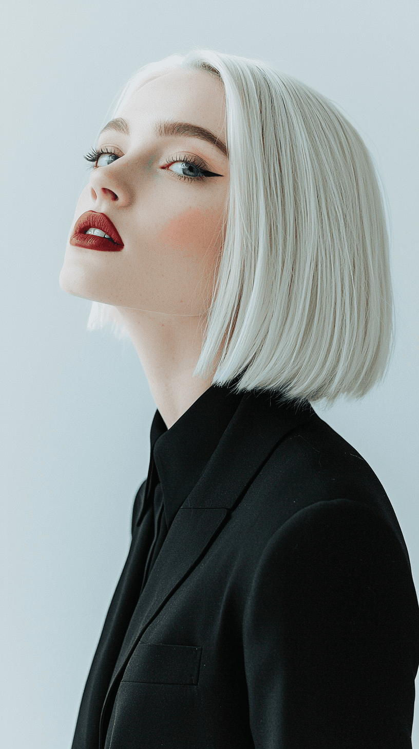AI generated: A high-fashion editorial portrait of a woman with platinum blonde hair, in the style of modern fashi...