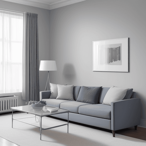 AI generated: Photograph apartment living room, soft light of dusk, all complemented by a unified color scheme of ...