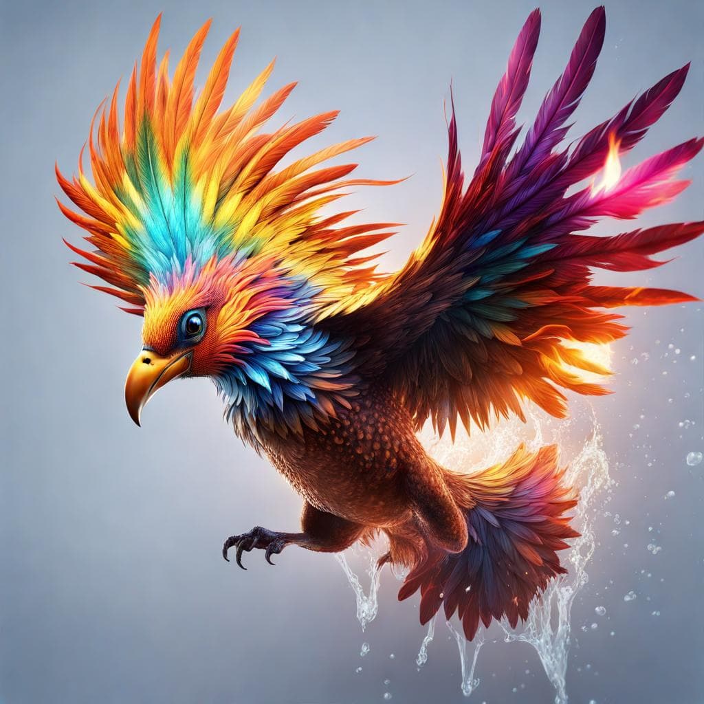 AI generated: an image of a majestic bird with feathers that seamlessly transition from liquid water to vibrant, f...