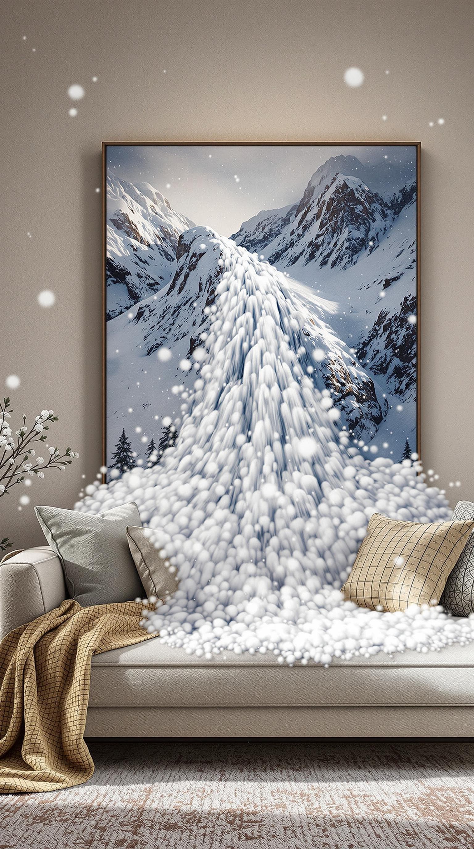 AI generated: A cozy living room features a soft sofa and a warm, textured rug. Above the couch hangs a dramatic p...