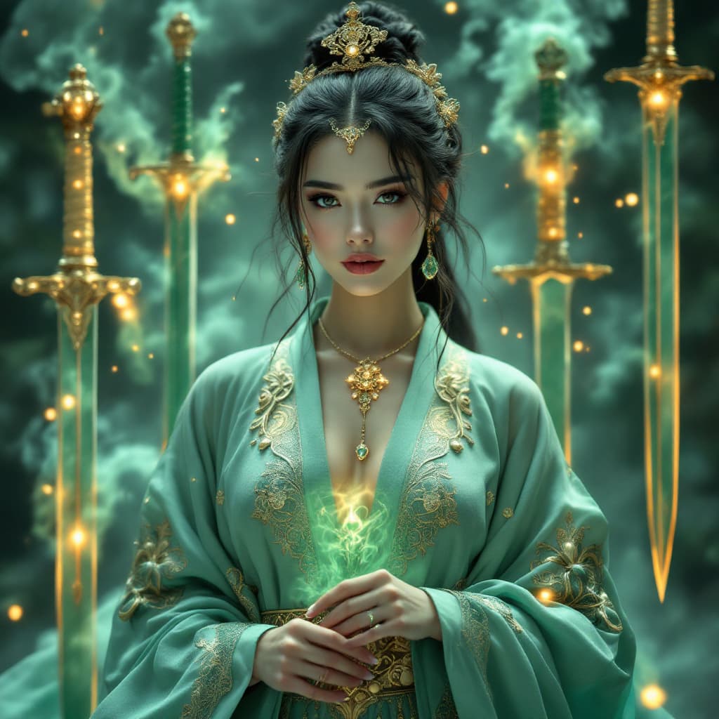 AI generated: A stunning woman in a jade robe with intricate golden elements and jewelry. Behind her, swords made ...