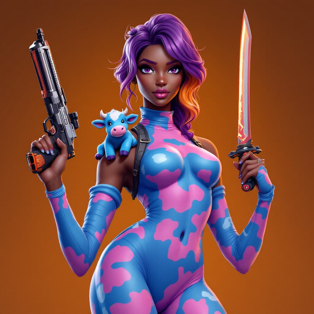 AI generated: Fortnite skin, fortnite battle royal, fortnite action scene, dark skin girl wearing blue and pink co...