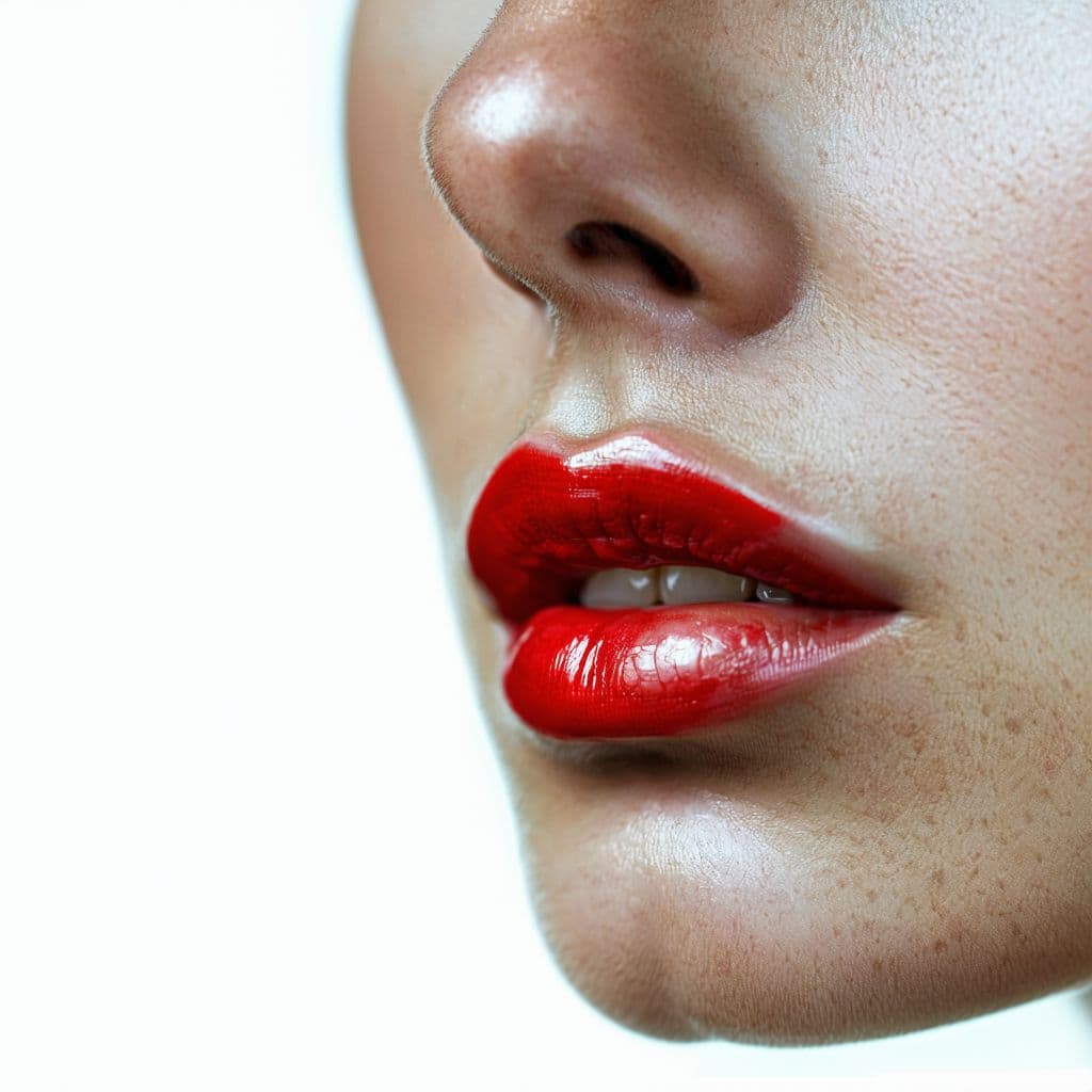 AI generated: A close-up of the red lips and nose of an elegant woman against a white background, in the style of ...