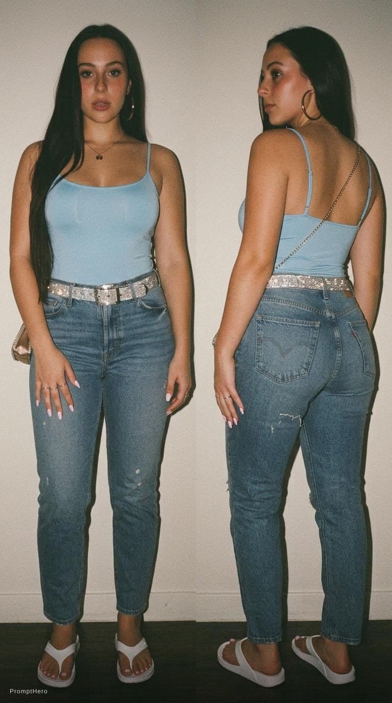 AI generated: full size image,
Garage Sleek Scoop Cami Top Sky Blue, 
white  thongs thong-strap sweat, almond nail...