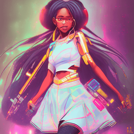 AI generated: a cute black girl with long hair and a short skirt, in the style of cyberpunk manga, light magenta a...
