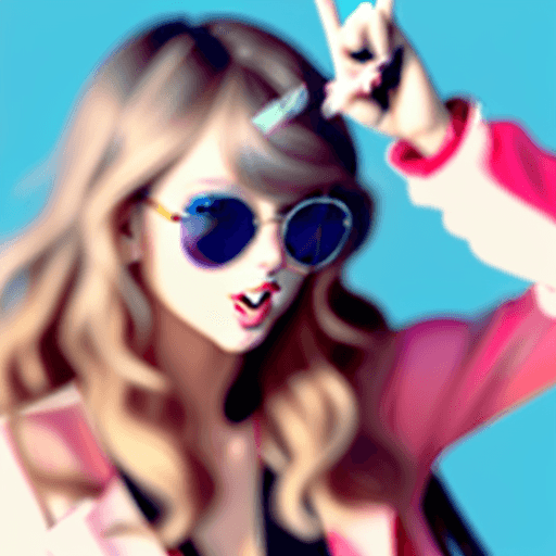 AI generated: Photo of Taylor Swift, sunglasses on top of head, sticking tongue out, peace sign, long hair, full v...